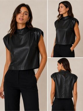 Tart Collections Black Faux Leather Mock Neck Cap Sleeve Top Size Medium